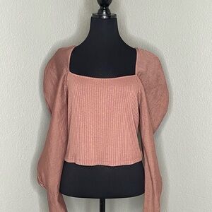 Nude Brownish Pink Ribbed Square Neck Long Sleeve Blouse